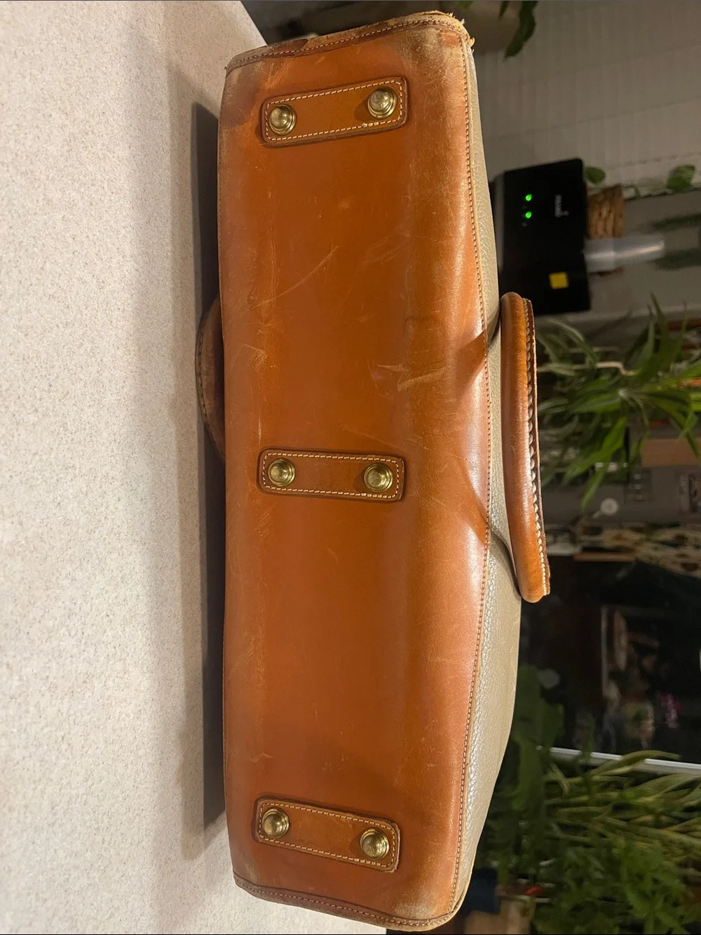 Dooney & Bourke Tan Canvas Briefcase with Chestnut Leather Trim